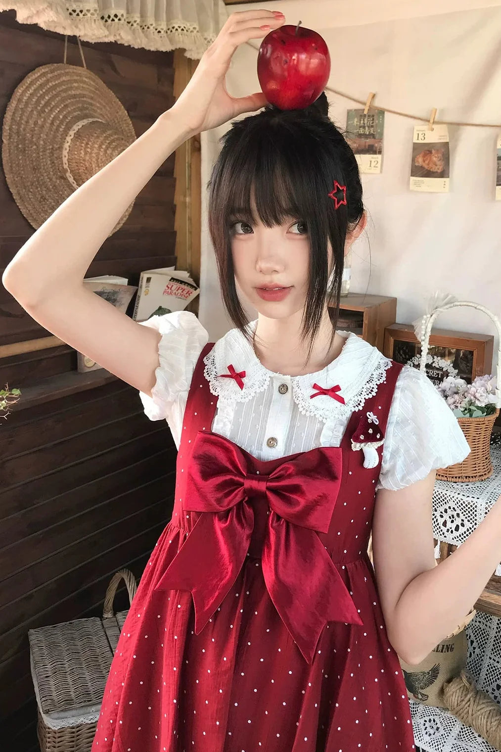 Ribbon Collar Top + Polka Dot Suspender Skirt