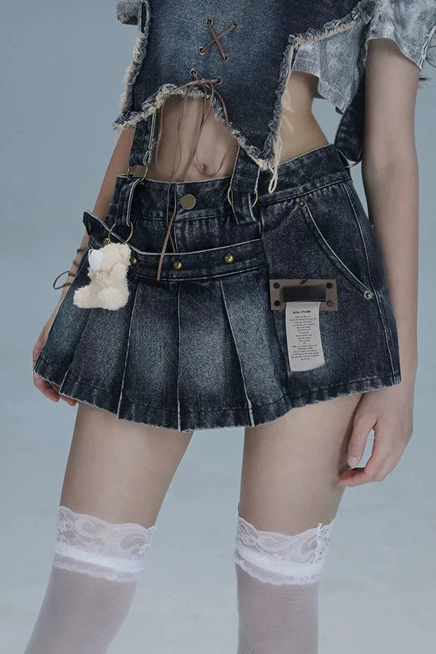 Y2k Star Denim Overall Skirt + Inner Top