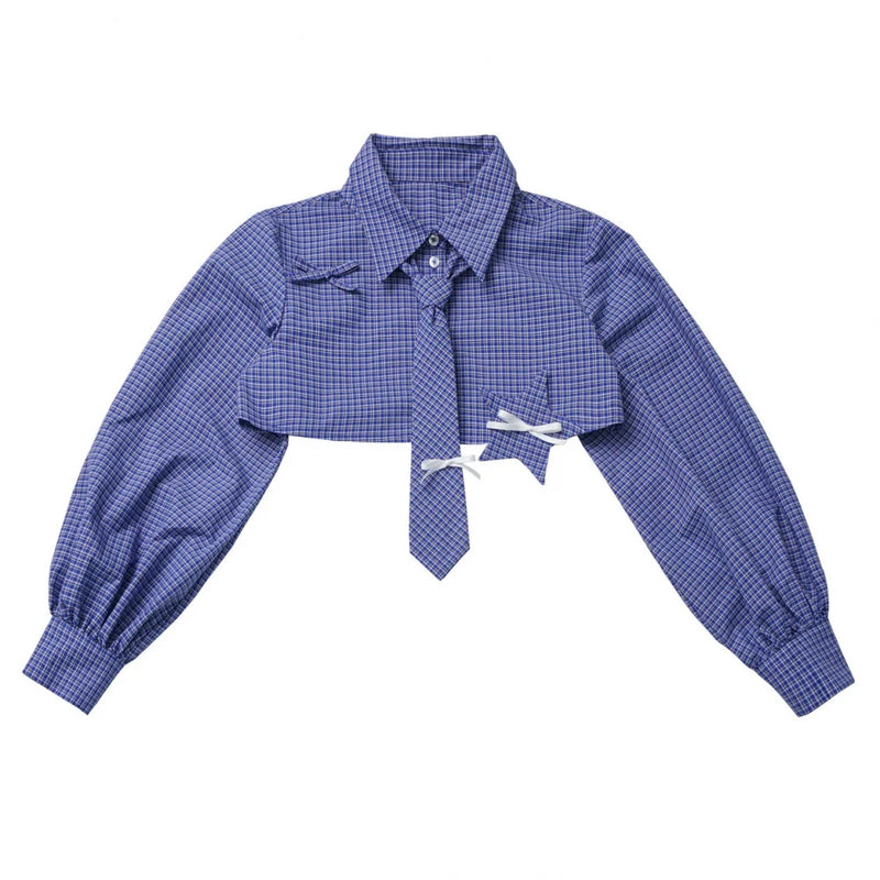 Plaid Tie Blouse Ursus Camisole + Skirt + Short Top