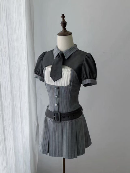 [pre-order Deadline: April 15] Gray Pinstripe Tie Collar Short Jacket Dress Full Set + Jewel Casquette