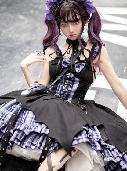 Punk Rock Halterneck Irregular Plaid Suspender Dress + Head Accessories