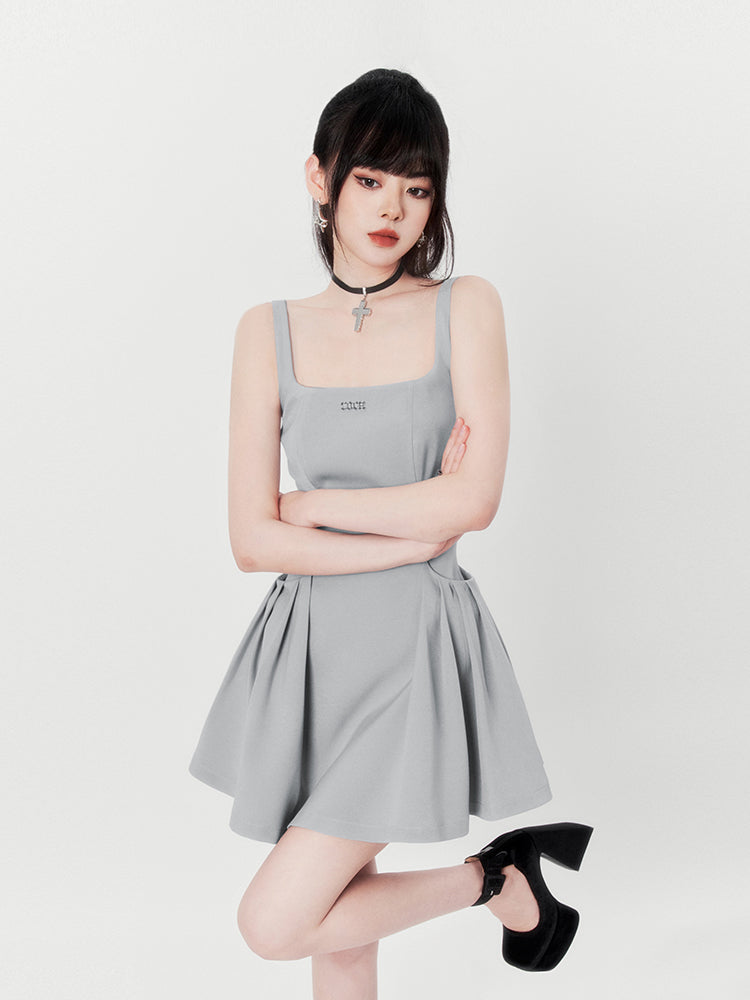 Hot Girl Black & Gray Square Neck French High End Suspender Dress
