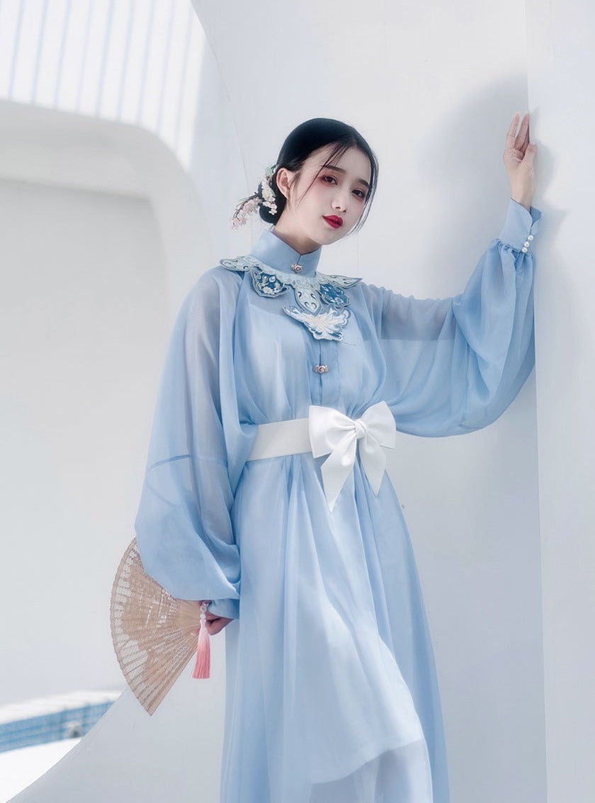 Waist Belt Sheer Stand Collar Puff Sleeve Dress