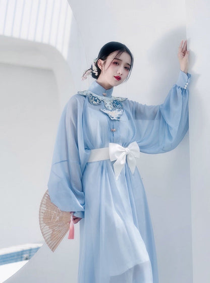 Waist Belt Sheer Stand Collar Puff Sleeve Dress