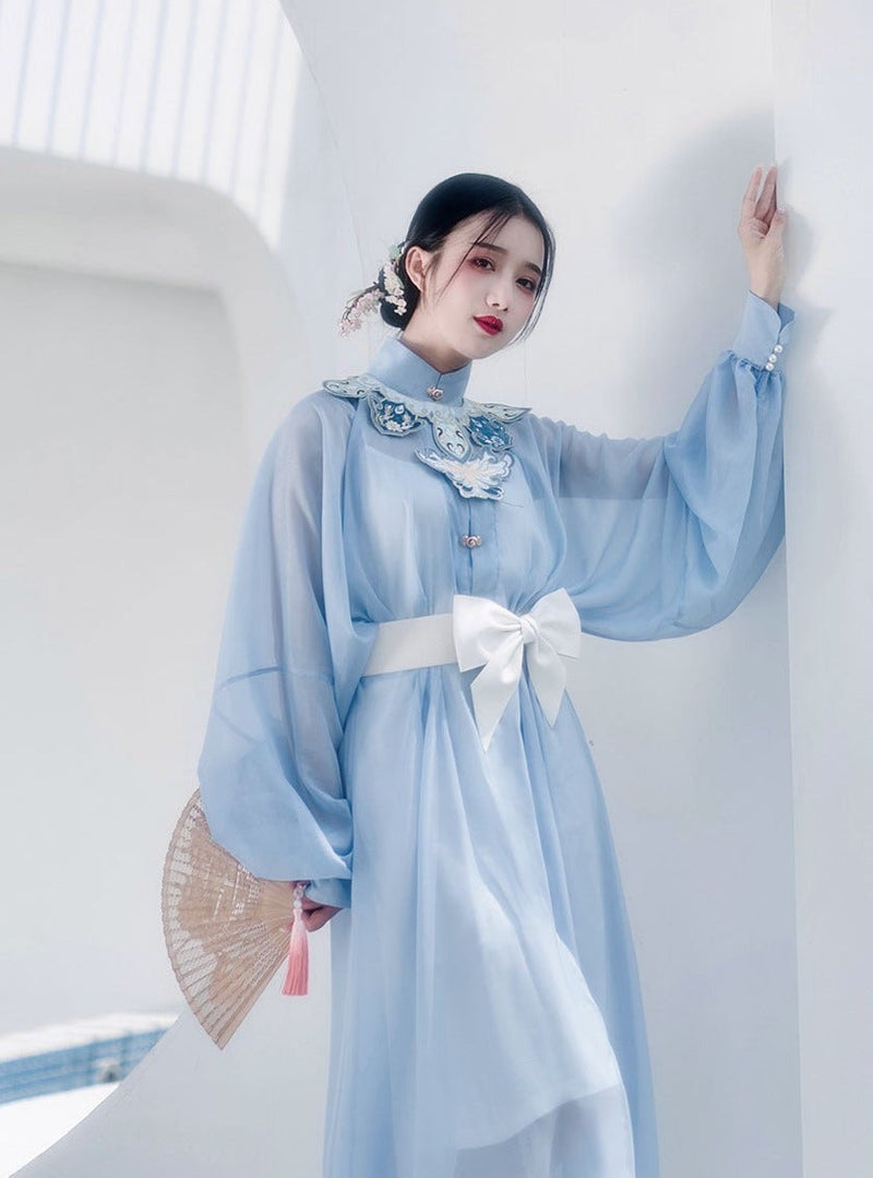 Waist Belt Sheer Stand Collar Puff Sleeve Dress