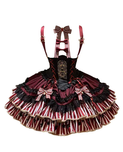 [pre-order Deadline: May 20] Magical Girl Lolita Lace Puff Sleeve Shirt + Black X Red Ribbon Corset Tiered Dress + Mini Hat