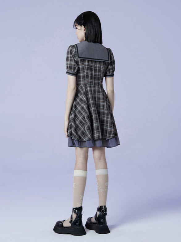 Plaid Bow Sailor Layered Dress