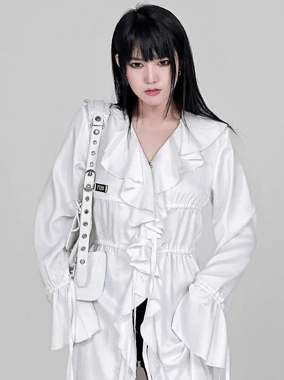 Ruffle Lace Drawstring Waist Shirt Extra Long Jacket