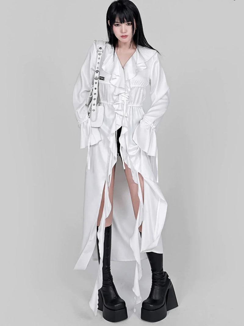 Ruffle Lace Drawstring Waist Shirt Extra Long Jacket