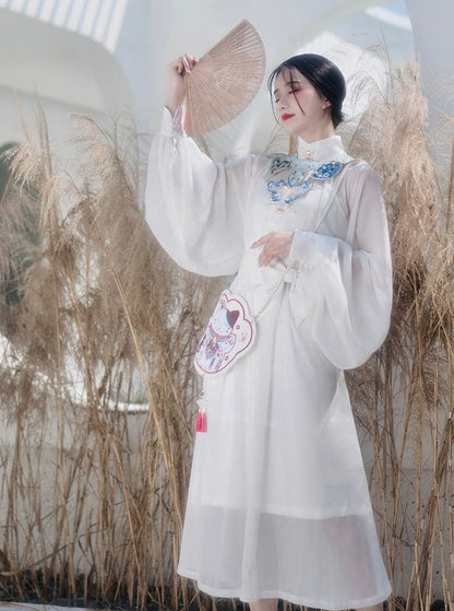 Waist Belt Sheer Stand Collar Puff Sleeve Dress