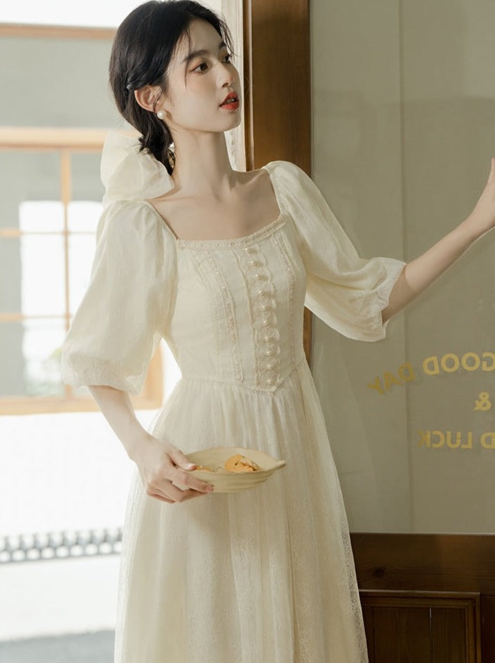 French Square Neck Lantern Sleeve Dress