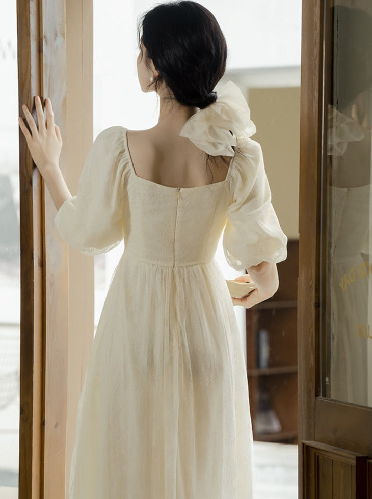 French Square Neck Lantern Sleeve Dress