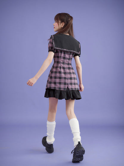 Cool Girly Sailor Checkered Dress
