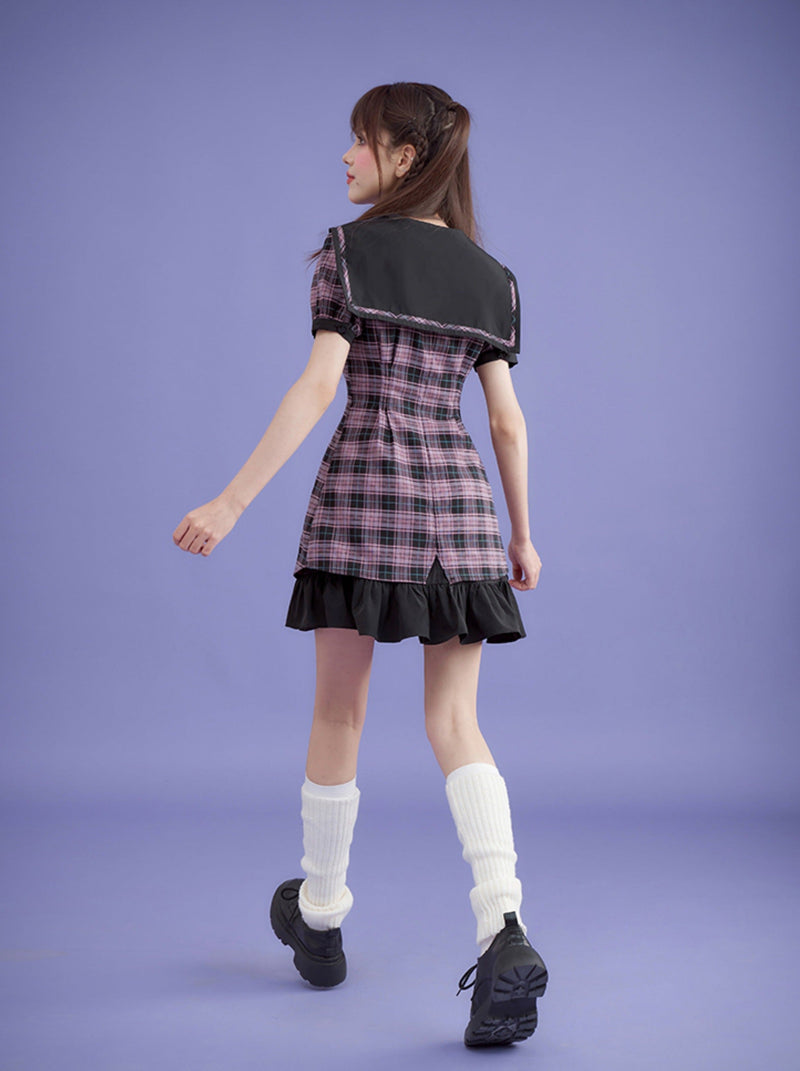 Cool Girly Sailor Checkered Dress