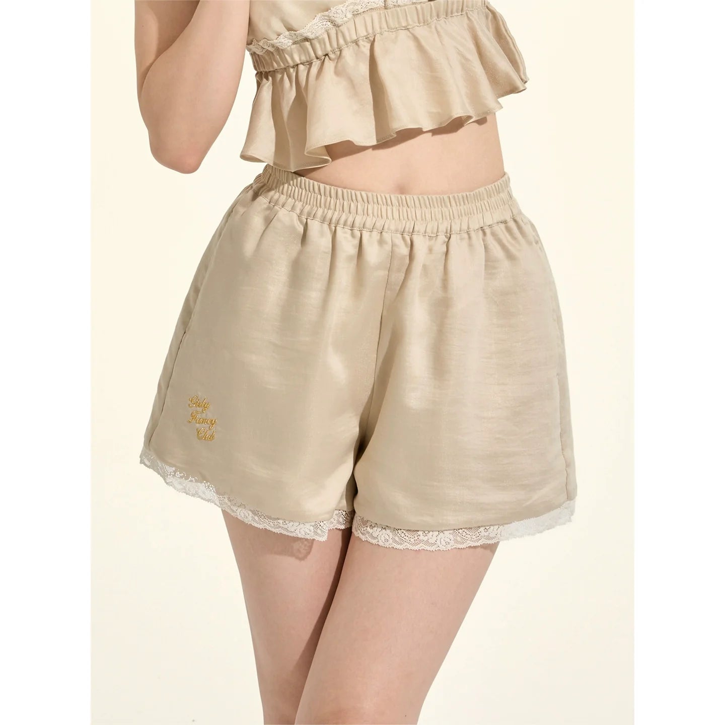 Pastille Style Khaki Lace Camisole + Shirt + Shorts
