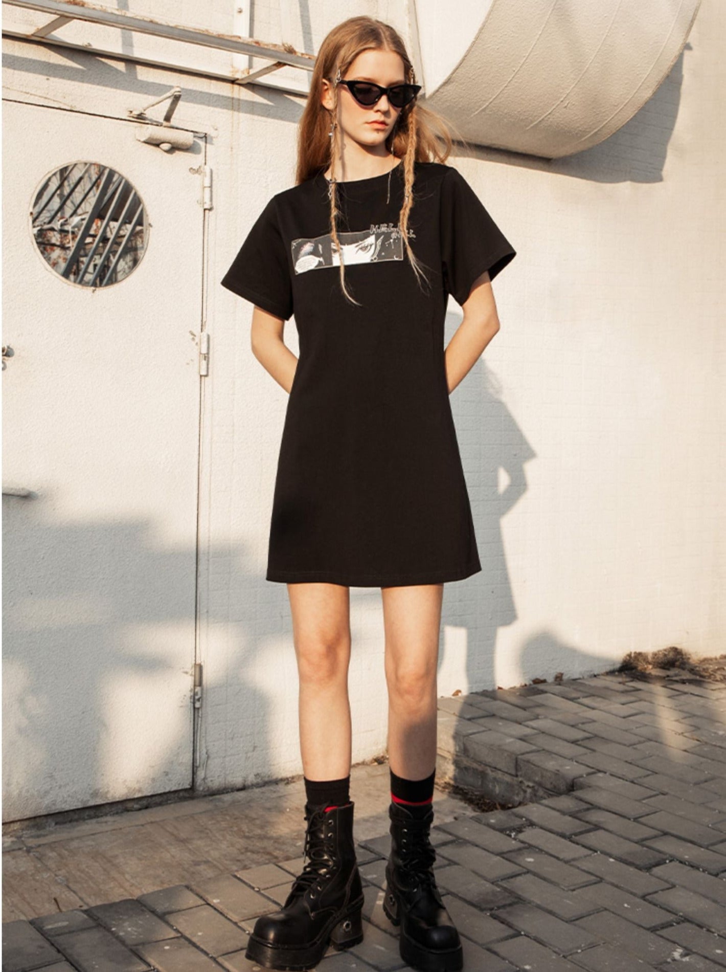 Sheer Long Sleeve Buckle Belt Dress-t