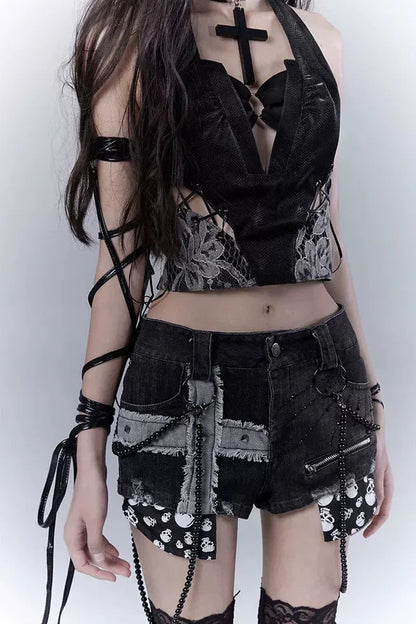 Dark Lace Patchwork Leather Camisole