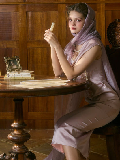 French Romantic Design Heavy Purple Satin Light Fishbone Dress
