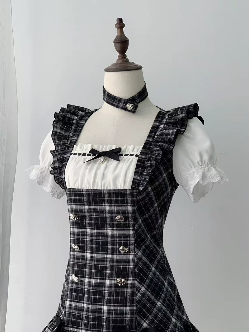 [pre-order Deadline: April 29] Black Check Ruffle Ribbon Puff Sleeve Mini Dress Set + Choker
