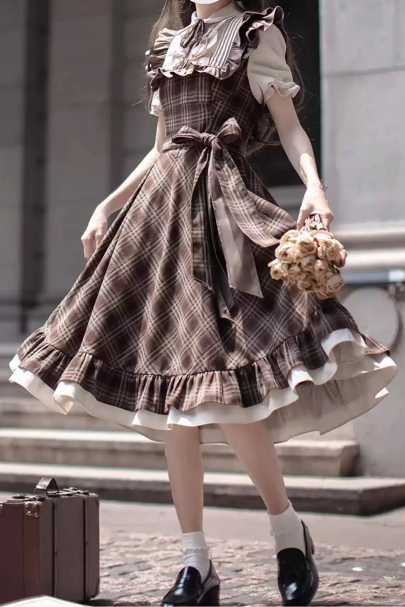 Retro Brown Plaid Volume Sleeveless Layered Dress + Pearl Ribbon Accessory + Classic Belt Coat [pre-order]