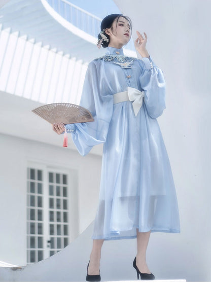 Waist Belt Sheer Stand Collar Puff Sleeve Dress