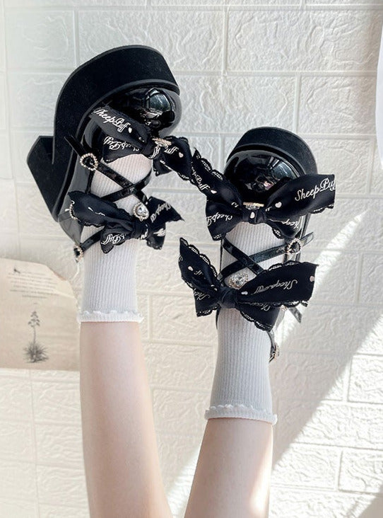 Black Pink Jewel Ribbon Platform Shoes