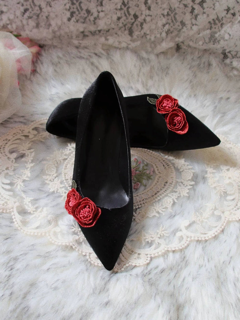 Rose Story Retro Pointed Toe Leather Velvet Heels