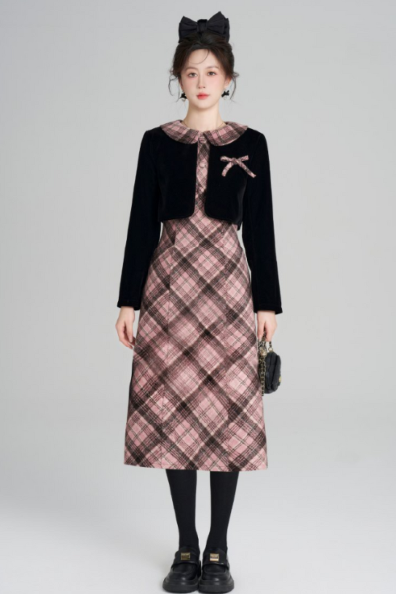 French Retro Plaid Doll Collar Dress