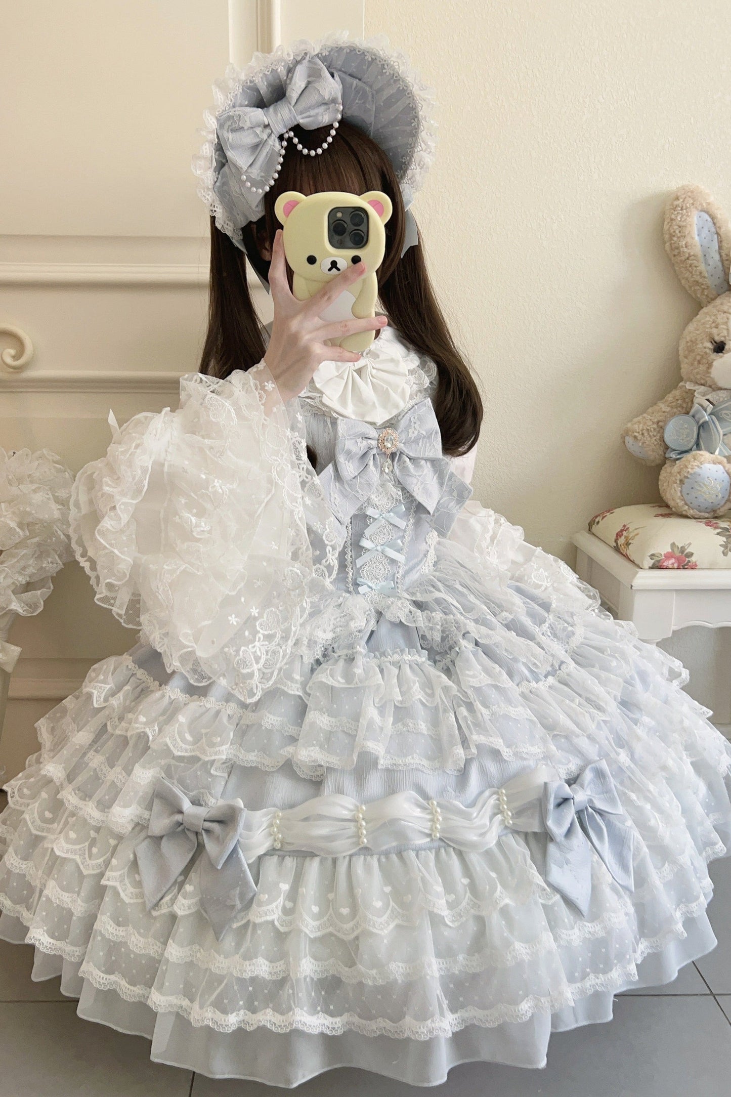 [pre-order] White Sugar Doll Princess Sleeve Suspender Dress Suit + Bonnet Hat