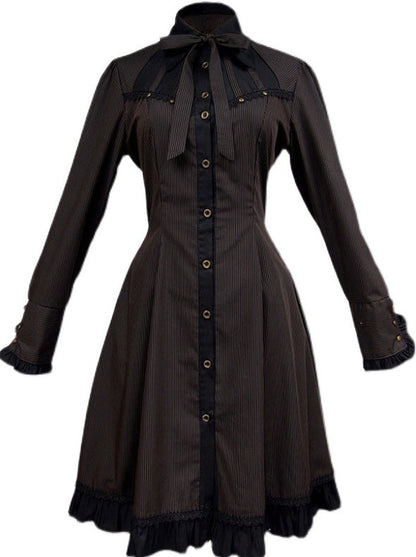 Steam Continental Ruffle Black Coffee Pinstripe Shirt Dress