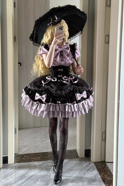 [order Deadline: May 12] Black Purple Lolita Idol Ribbon Puff Sleeve Shirt + Corset Tulle Pull-up Jks Dress Set
