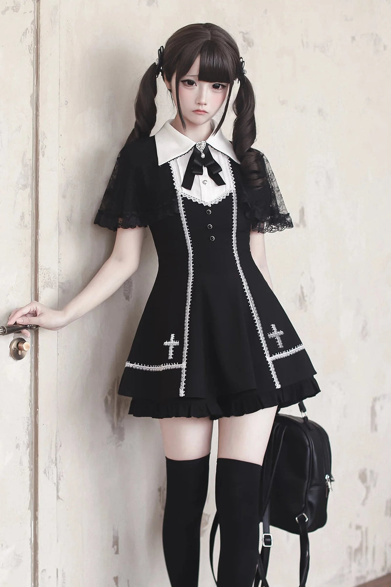 [pre-order Deadline: April 29] Black Gothic Cape Sleeve Cross Detail Ribbon Collar Dress Set