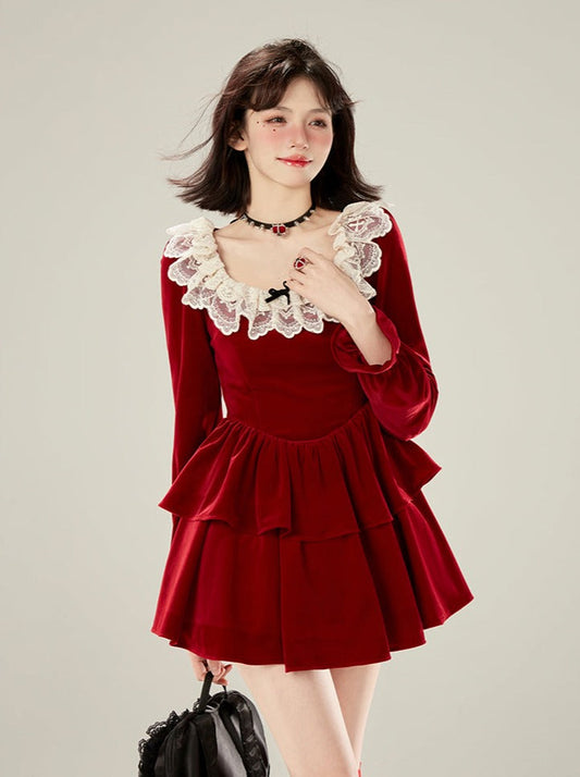 Red Lace Collar Velvet Dress