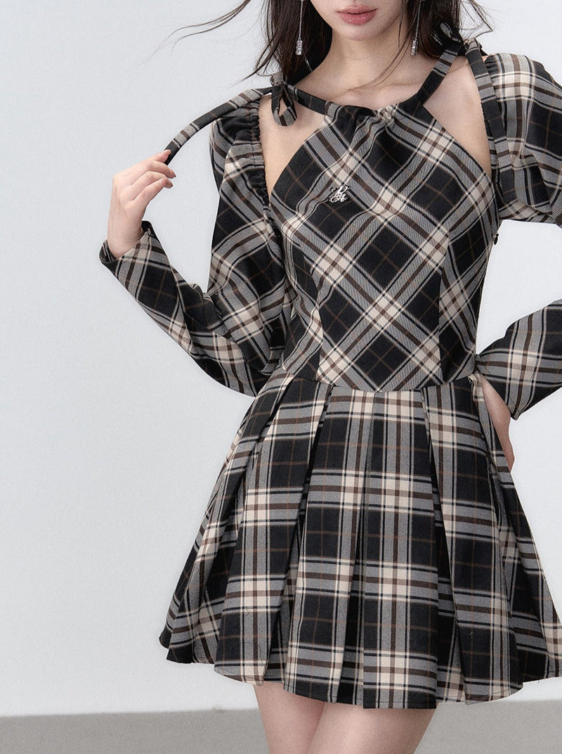 French Suspender Plaid Ribbon a Line Dress