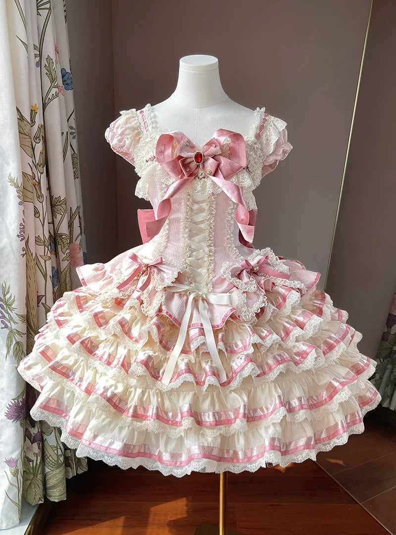 [pre-order Deadline: April 30] Sweet Pink Lolita Lace Ribbon Tiered Ruffle Princess Dress