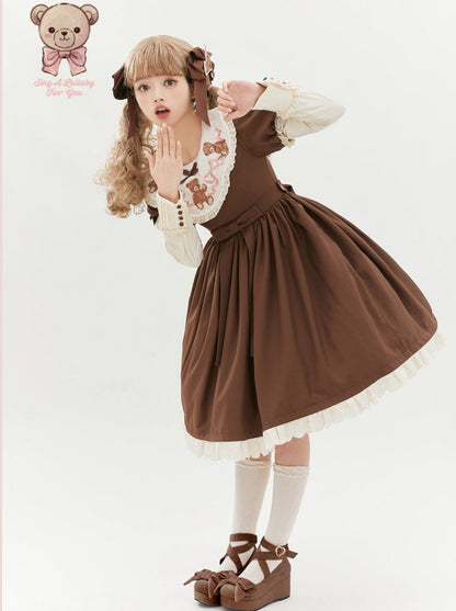 [pre-order] Lolita Teddy Bear Flap Lace Puff Sleeve Ribbon Dress
