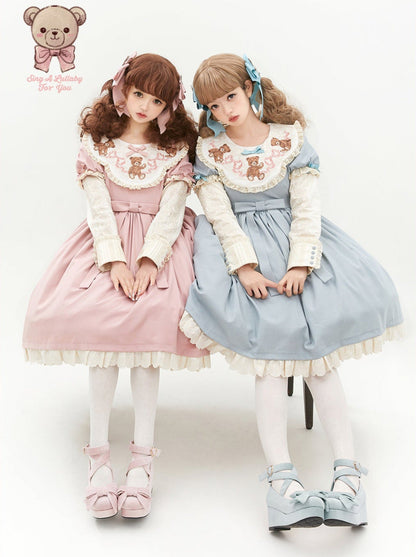 [pre-order] Lolita Teddy Bear Flap Lace Puff Sleeve Ribbon Dress