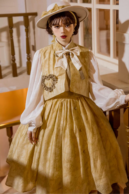 Golden Flower Design Dress + Skirt + Coat + Vest