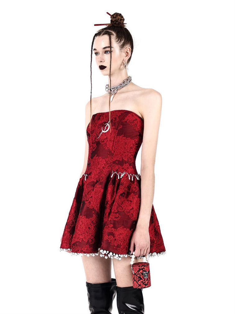Electric Moon Dark Flower Embroidered Tube Top Pearl Dress