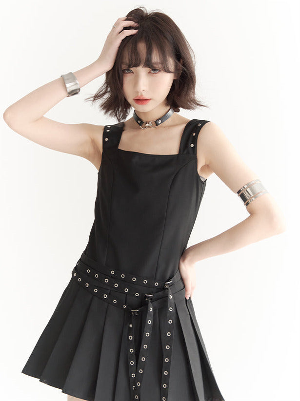 Retro Design Strap Short Pleated Vest Dress