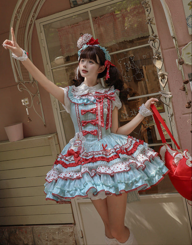 [pre-order Deadline: April 3] Twin Tiered Lolita Dot Ribbon Striped Dress + Flower Bud Skirt Dress