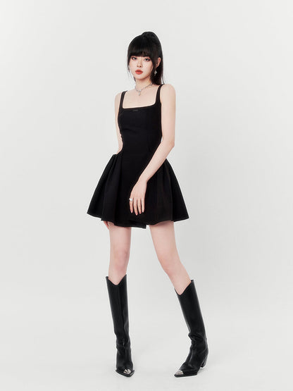 Hot Girl Black & Gray Square Neck French High End Suspender Dress