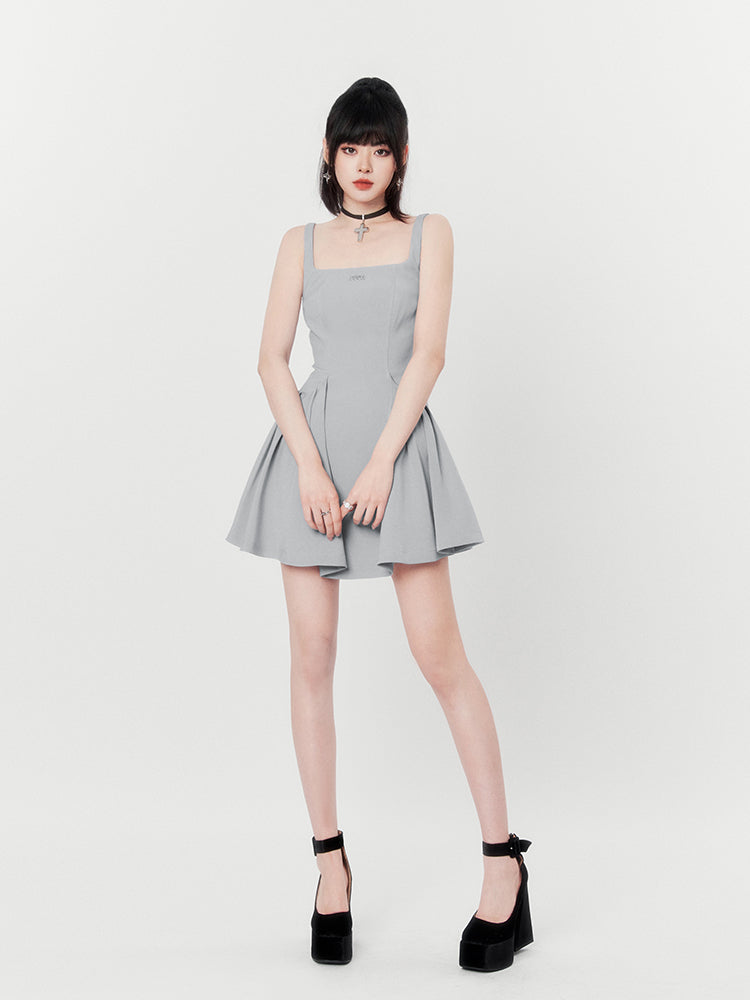 Hot Girl Black & Gray Square Neck French High End Suspender Dress