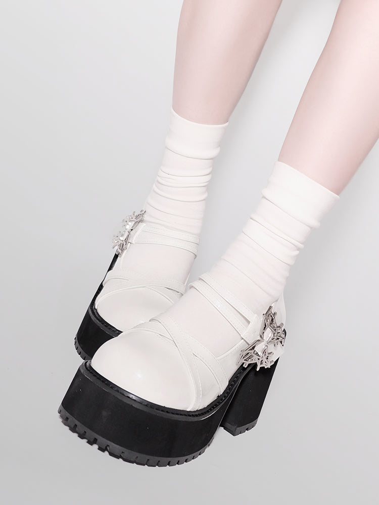 College Style Butterfly Platform Block Heel Shoes