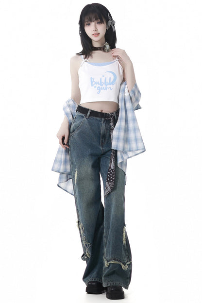 Plaid Shirt + Camisole + Denim Pants