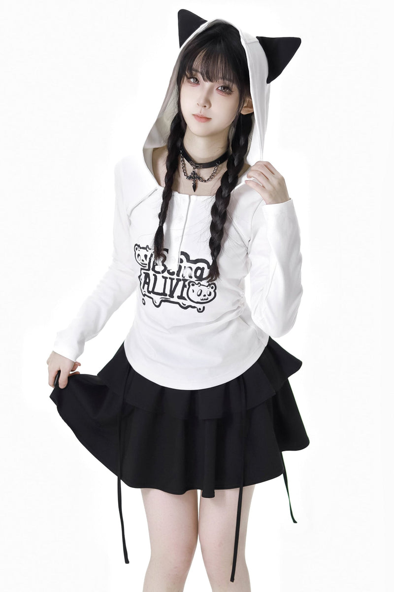 Cat Ear Hooded Top + Loose Knit Sweater + Cargo Pants + Strap Skirt