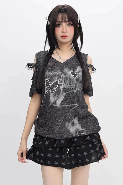Butterfly Graffiti Off-shoulder Top