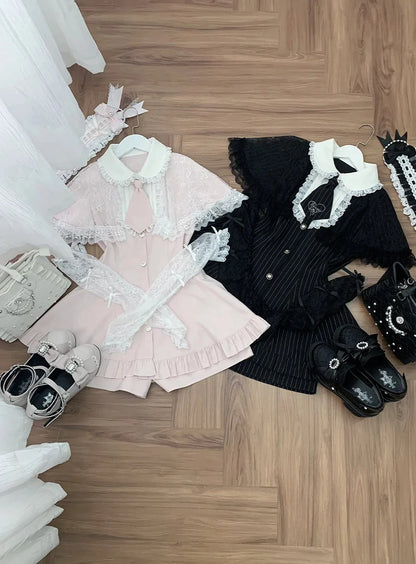 [reservation Deadline: May 15] Black Pinstripe Lace Cape Design Thai Collar Dress Suit Full Set + Accessories