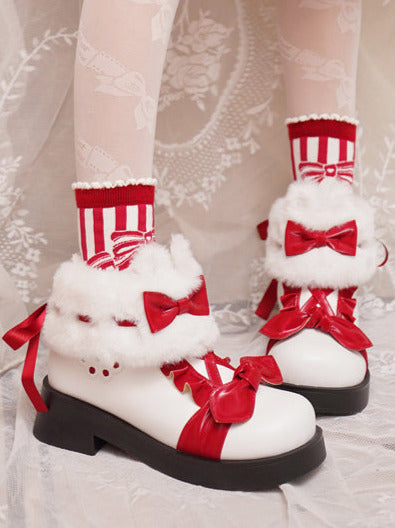 Snow Lolita Mid-heel Color Block Ribbon Sweet Velvet Short Boots
