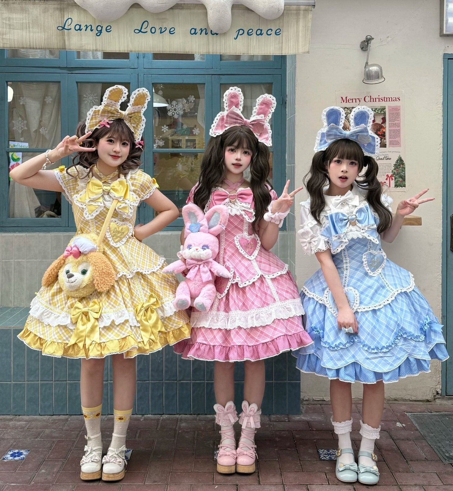 [pre-order Deadline: May 10] Blue/yellow/pink Sweetheart Lolita Ribbon Puff Sleeve Tiered Dress + Bunny Ear Full Set + Cat Ear Full Set
